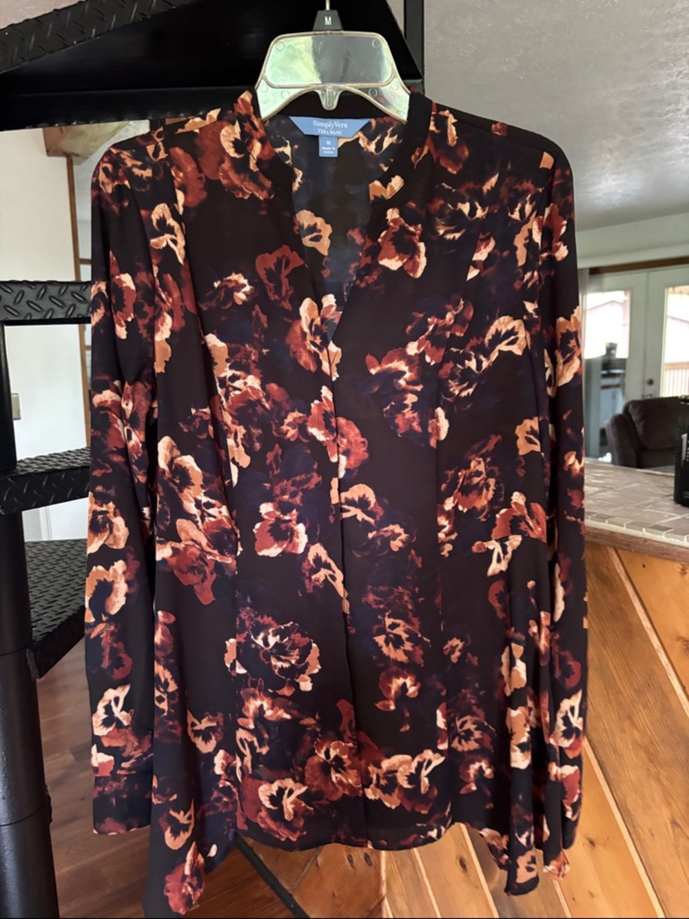 Vera Wang Black Floral Blouse with Rust and Cream Accents